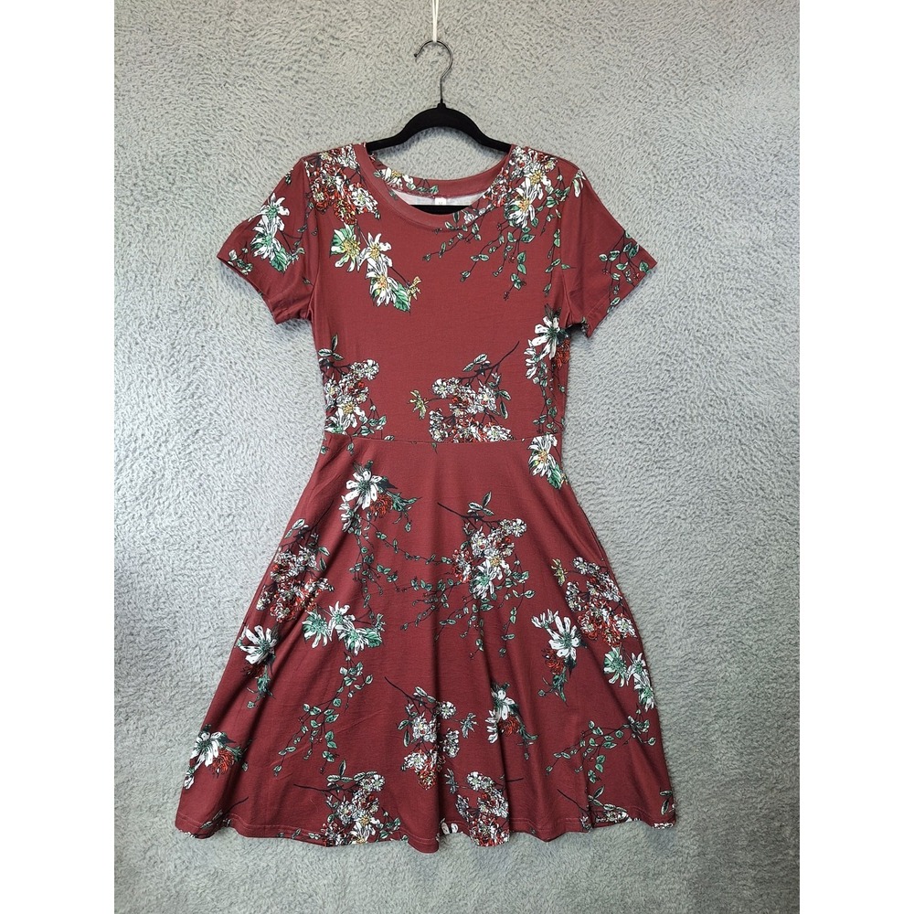 HELYO Fashion Swing Dress Womens Medium Maroon Floral Pockets Business Casual